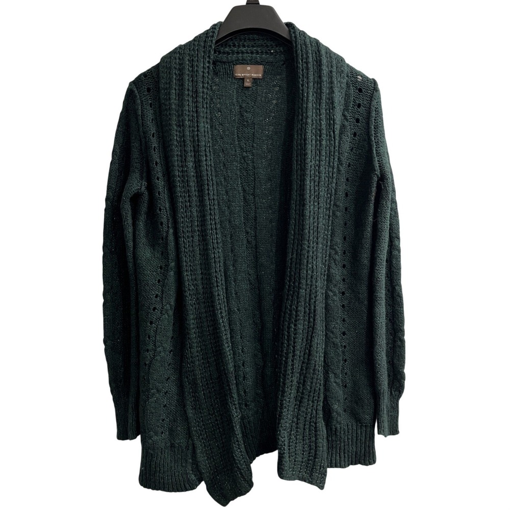 Fenn Wright Mason Cardigan Womens XL Green Open Knit Front Preppy Office Career